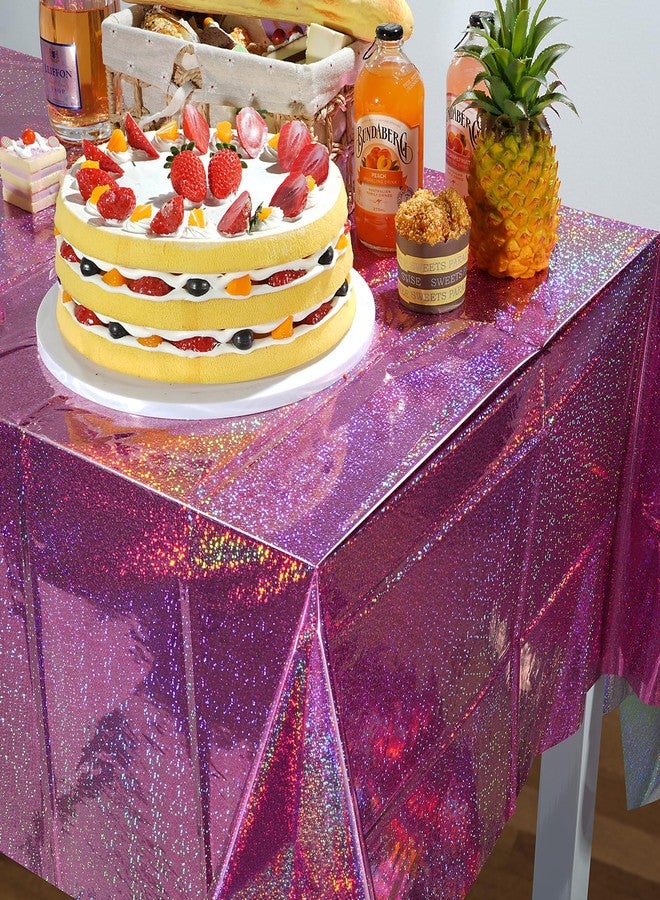 FunnyPars 3 Pack Pink Iridescent Table Cloth for Parties, Pink Plastic Shiny Laser Table Covers, Disposable Holographic Foil Tablecloth Iridescent Party Decorations for Girl Birthday Wedding, 54x108 - Image 4
